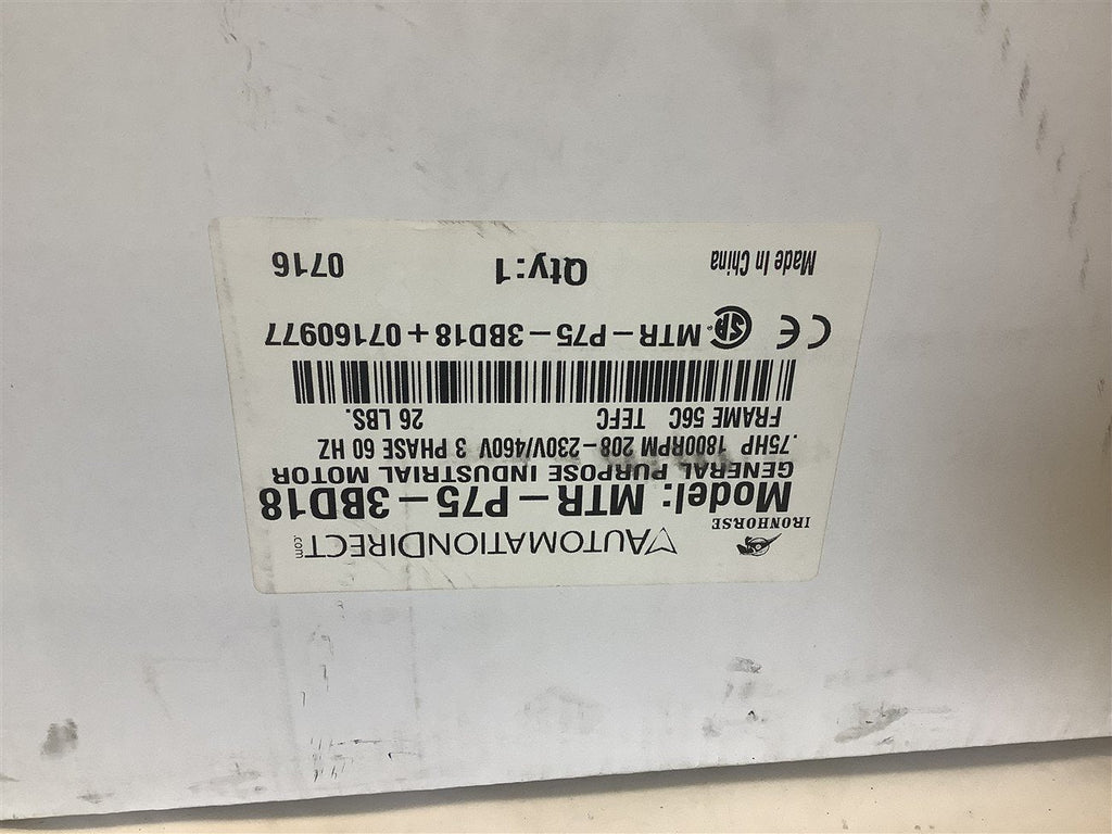 Automation Direct MTR-P75-3BD18 3/4 Hp AC Motor 208-230/460 Volt 1800 Rpm 4P 56C