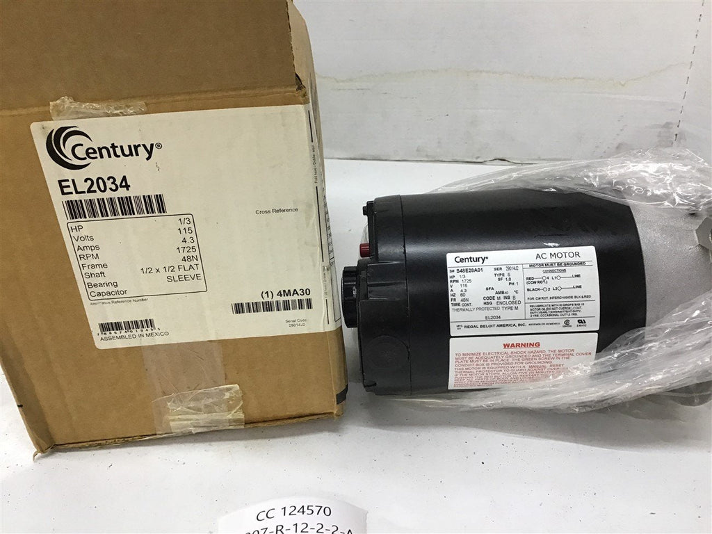 Century EL2034 1/3 HP AC Motor 115 Volts 1725 Rpm 48N Frame