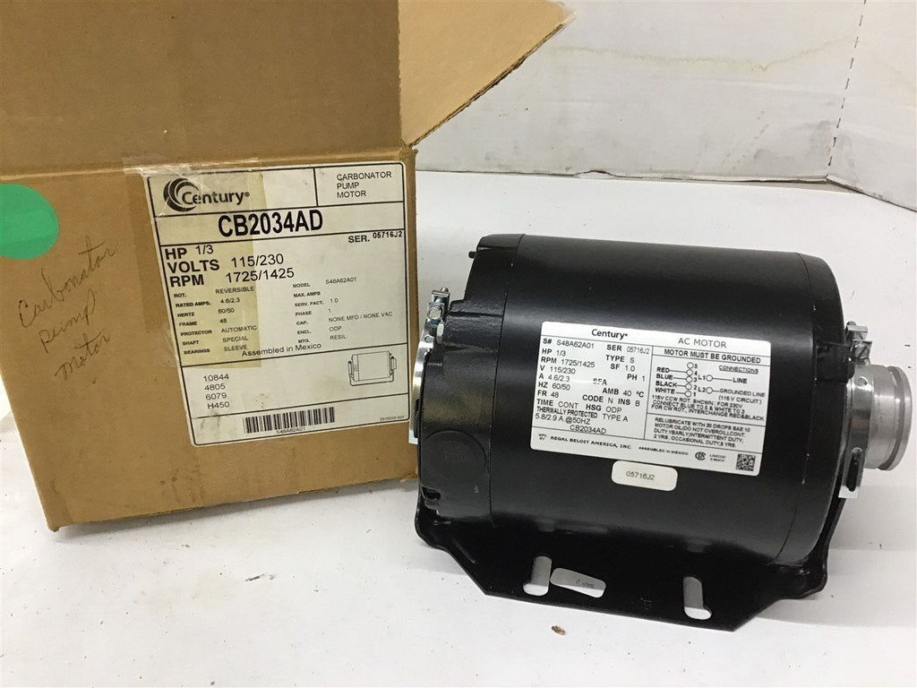 Century CB2034AD 1/3 HP AC Motor 115/230 Volts 1725 Rpm 48 Frame