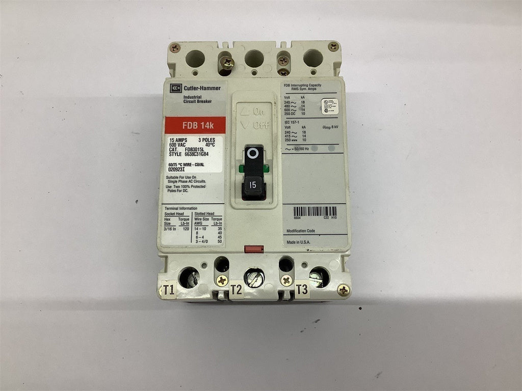 Cutler-Hammer FDB3015L Circuit Breaker 15 Amp 3 Pole 600 Vac