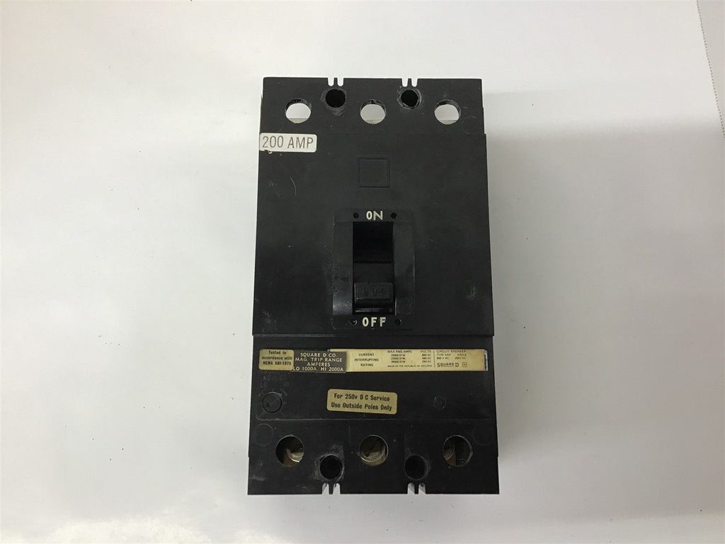Square D KAF36200 3 Pole 200 AMP 600V Circuit Breaker