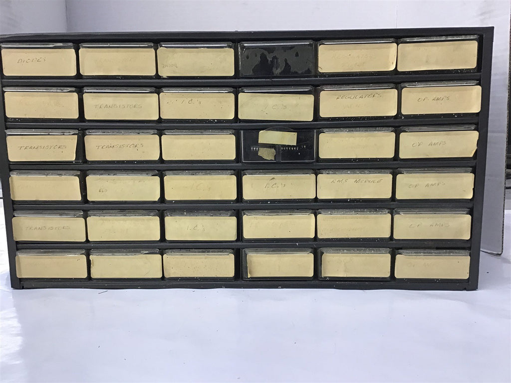 36 Drawer Bin Filled With Diodes Transistors Regulators And Other Assorted Items