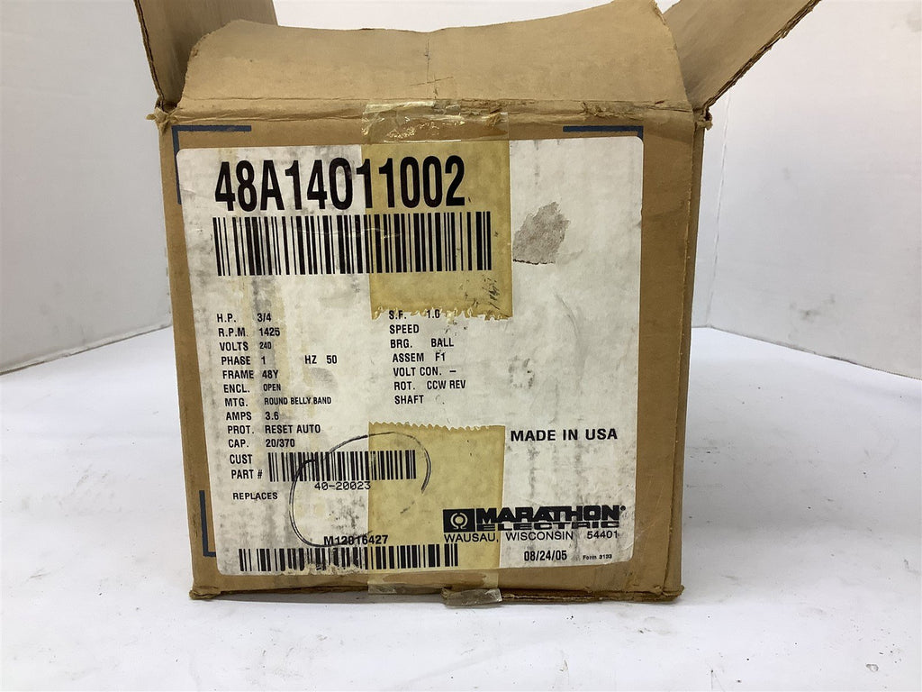Marathon 48A14011002 Motor 3/4 HP 240 V 1425 RPM 48Y 1 PH Open Enclosure