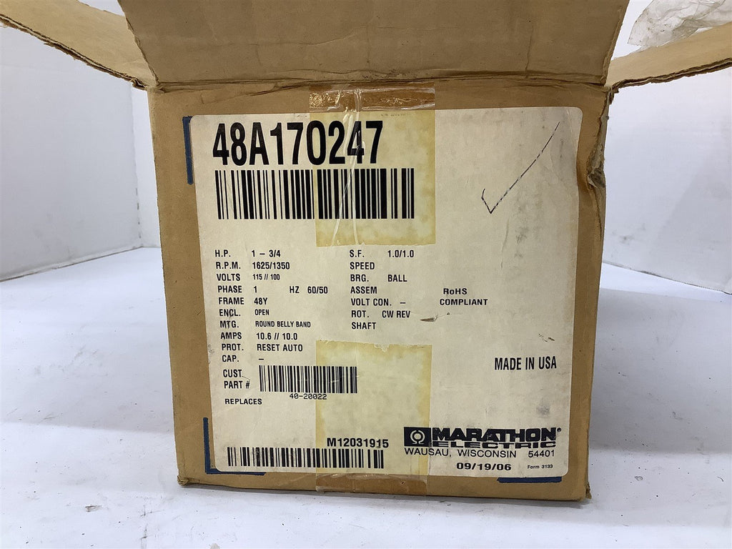 Marathon Electric 48A170247 Motor 1-3/4 HP 115/100 V 1625/1350 RPM 48Y 1PH Open