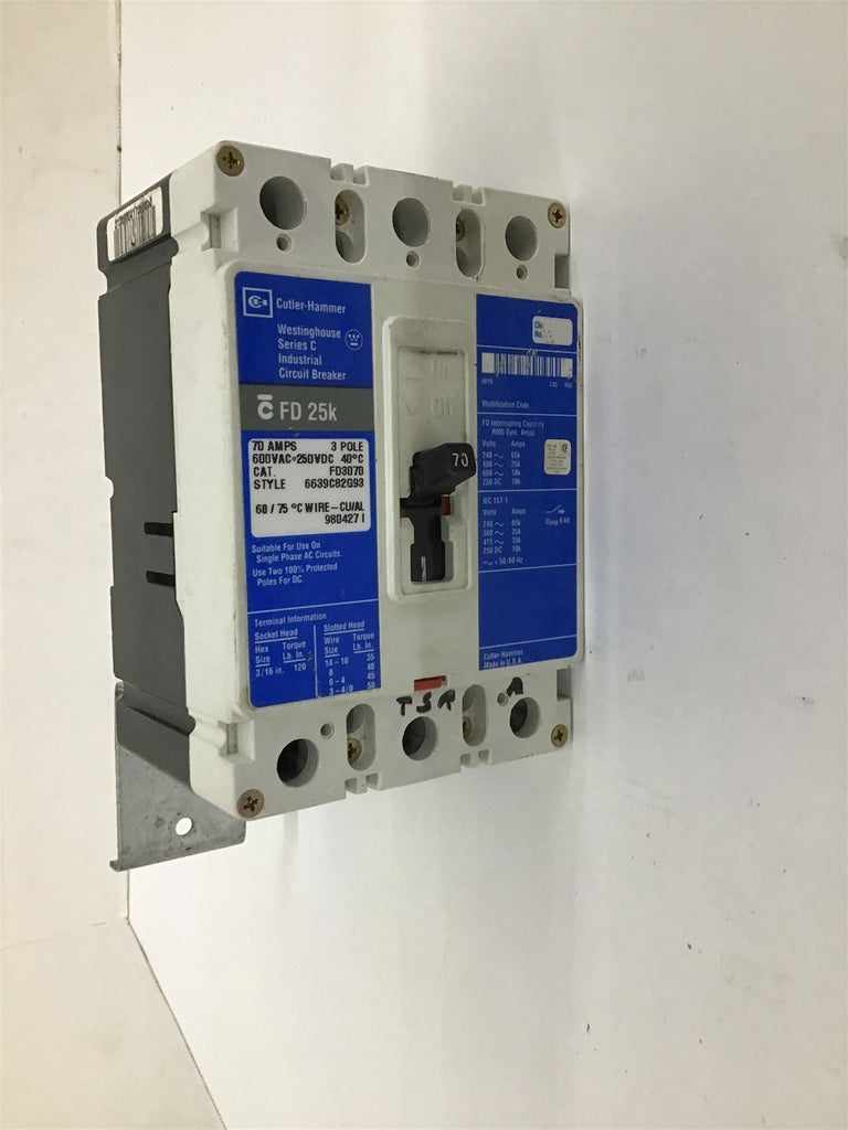 Cutler-Hammer FD3070 Ser. C Circuit Breaker 3P 600 VAC 250 VDC 70 Amps