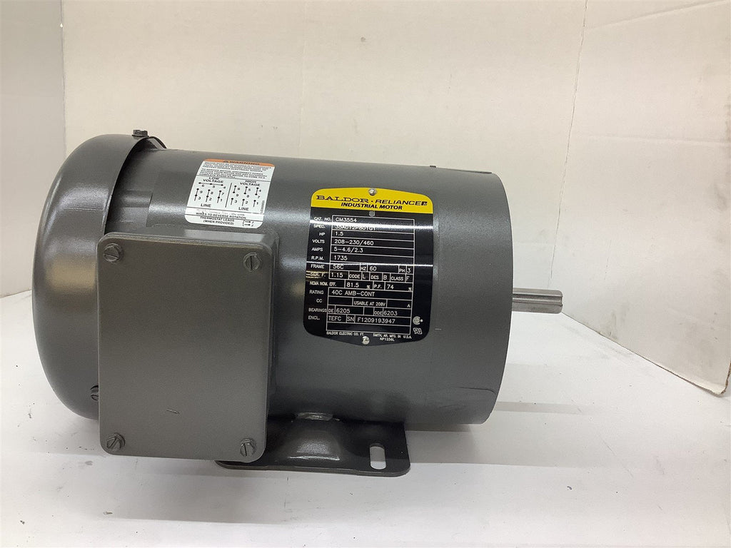 Baldor CM3554 AC Motor 1.5 Hp 208-230/460 V 1800 Rpm 4P 56C 3Ph 60 Hz TEFC