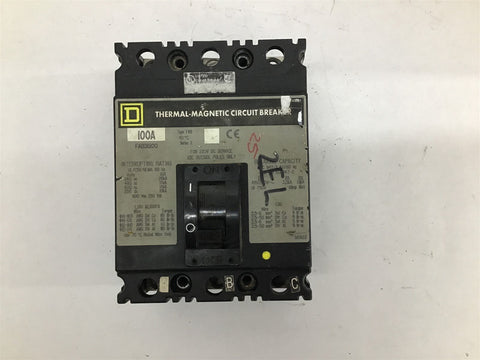 Square D FAB36100 Thermal-Magnetic Circuit Breaker 100 AMP 600 VAC