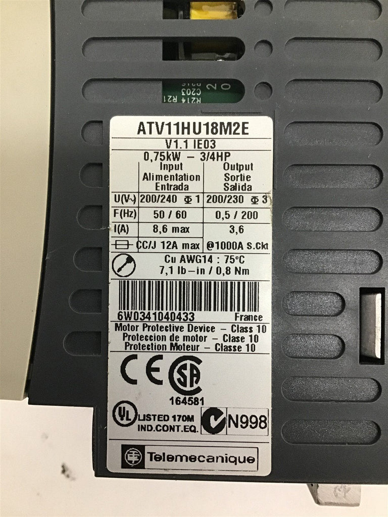Telemecanique ATV11HU18M2E Frequency Inverter 0.75 kW 3/4 HP 200/240V Lot of 2