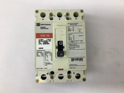 Cutler-Hammer EHD3020L Circuit Breaker 20A 3 Pole 480VAC 250VDC