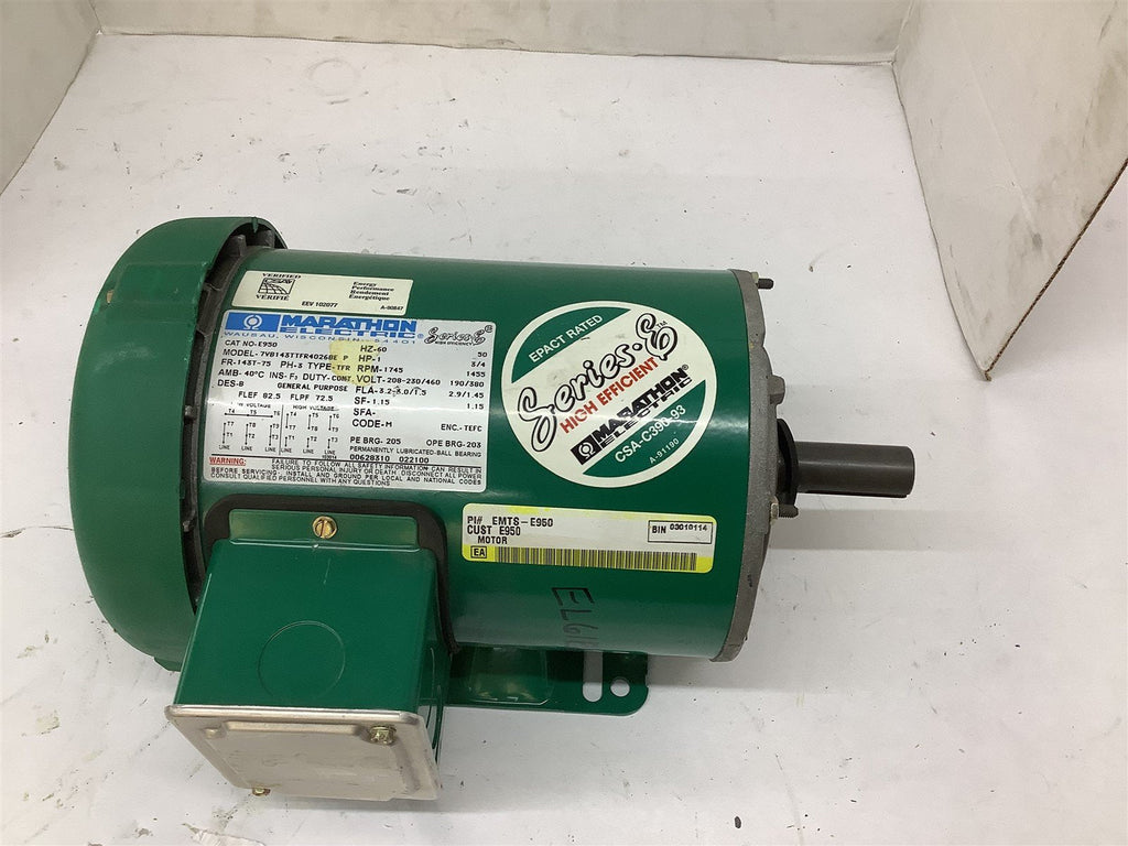 Marathon E950 AC Motor 1 HP 1745 RPM 4P 208-230/460V 143T 3PH 60Hz TEFC