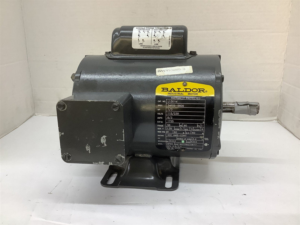 Baldor L1301M AC Motor 1/3HP 115/230V 1800 RPM 4P Fr 56 1 Ph 60 Hz OPEN