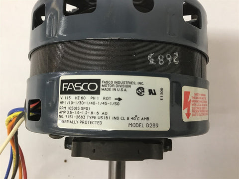 Fasco D289 Fan Coil Motor 1/10-1/30-1/40-1/45-1/50HP 115V 1050RPM 1PH 60HZ