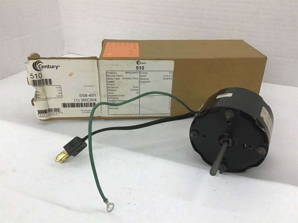 Century 510 1/70 Hp Shaded Pole Motor 115 V 1550 Rpm