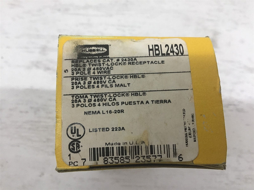 Hubbell HBL2430 Twist-Lock Receptacle 20 Amp 3P 4W 480VAC