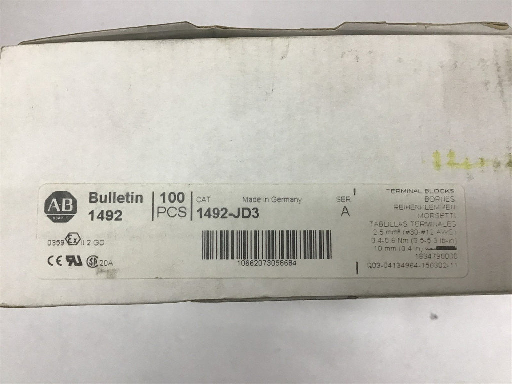 Allen-Bradley 1492-JD3 Terminal Block 1492-JD3 1 Box of 100