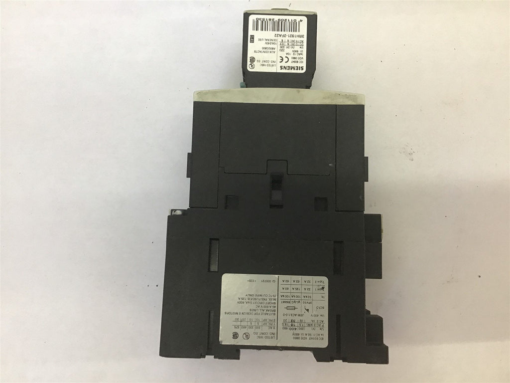 Siemens 3RT1034-3B 3RH1921-2FA22 Contactor 24 VDC Coil 460 V 25 HP 3 Phase