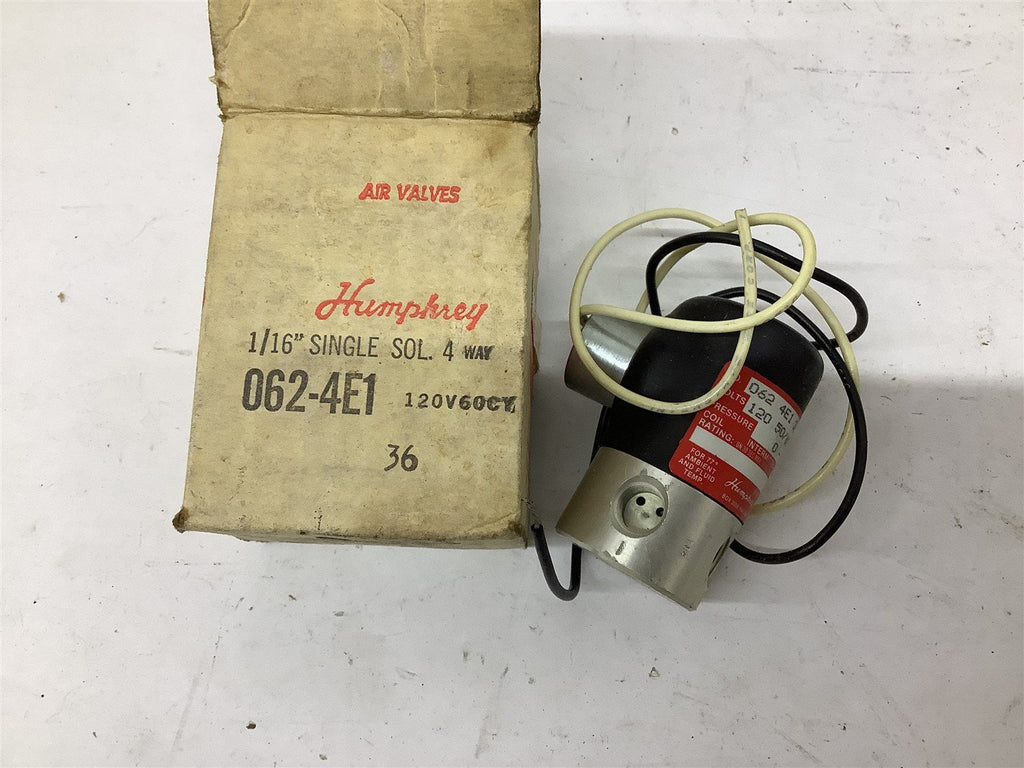 Humphrey 1/16" Single Sol 4 Way 062-4E1 Air Valves 120 50/60HZ 8.2Watts 125PSI