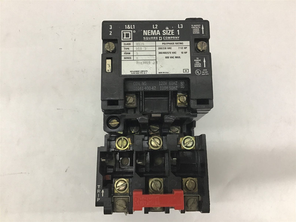 Square D 8536SC03 Starter Nema Size 1 Series A 600 VAC HP