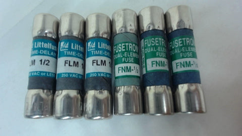 LOT OF 6 LITTELFUSE / FUSETRON FLM 1/2 DUAL ELEMENT FUSES, 250 VAC OR LESS, 1/2 AMP