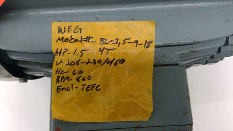WEG BU-15918 AC Motor 1.5 Hp 208-230/460 V 860 Rpm 8P Fr 4T 60 Hz TEFC
