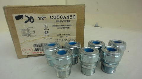 Lot Of 7 - American Fittings Cg50A450 Blue 1/2" Straight Strain Relief Connector