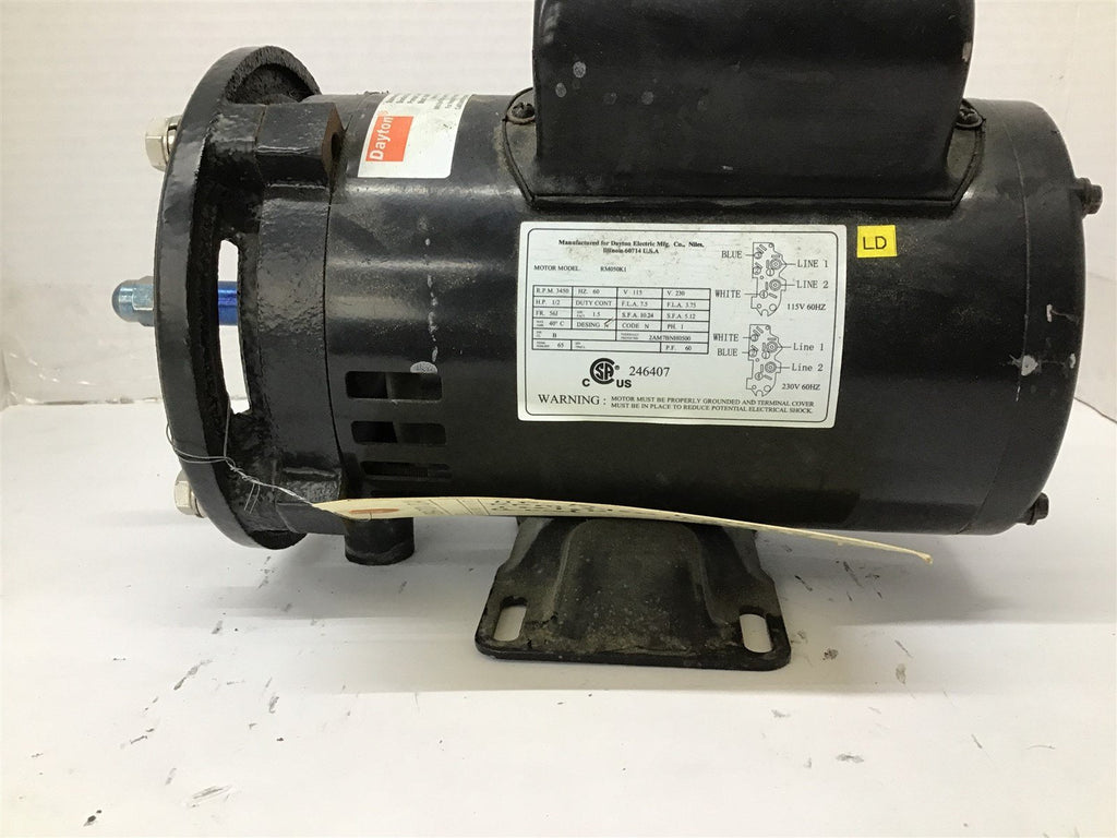 Dayton RM050K1 1/2 HP AC Motor 115/230V 3600 Rpm 2P single Phase 56J 60HZ TEFC