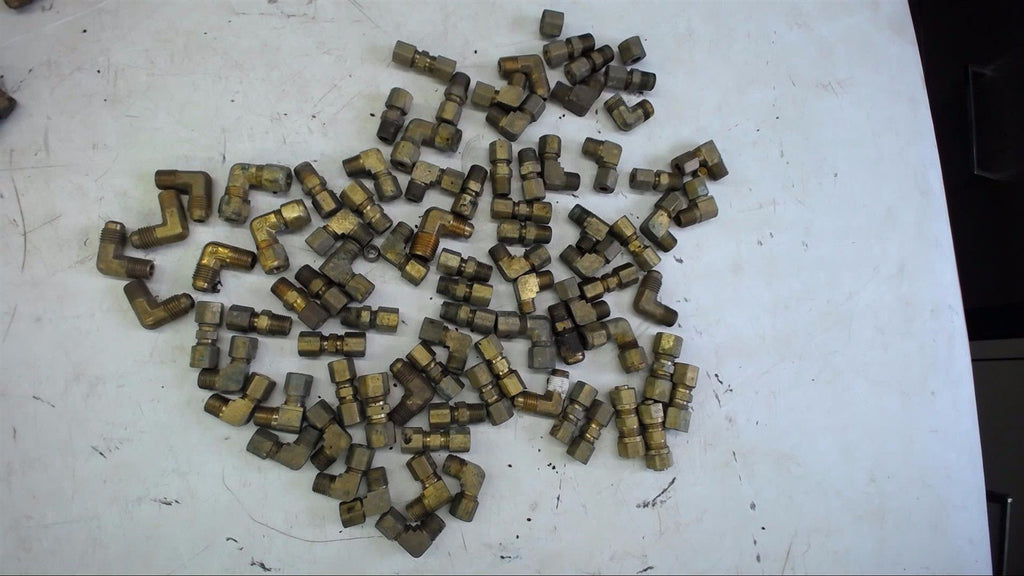 LOT OF 80+ ASSORTED BRASS FITTINGS AS PICTURED---VARIOUS STYLES AND SIZES