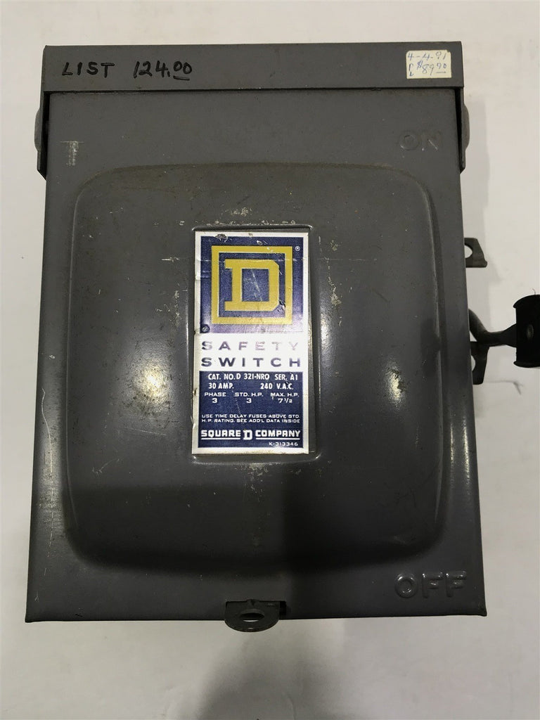 SQUARE D D 321-NRO SAFETY SWITCH 30 AMP 240V SINGLE THROW FUSIBLE S/N STD 3