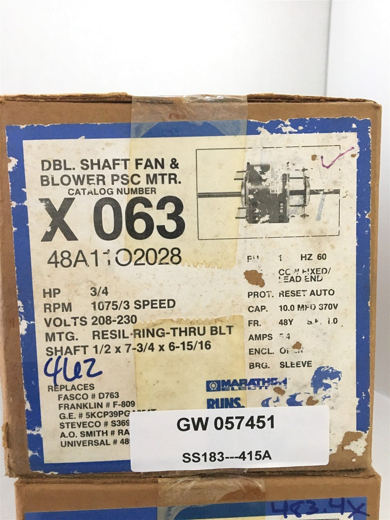 MARATHON X063/48A11O2028 SHAFT FAN 3/4 HP RPM 1075/3 SPEED 208-230V