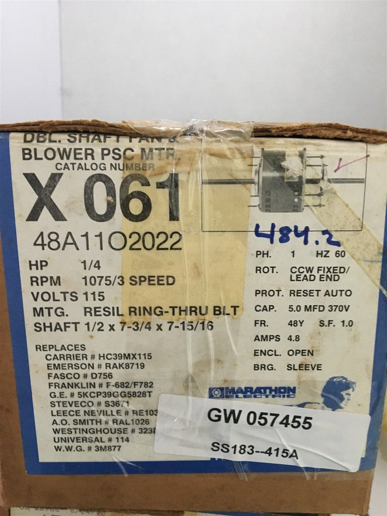 MARATHON X061/48A11O2022 DBL SHAFT FAN BLWR PSC MTR 1/4HP RPM1075/3SPEED 115V