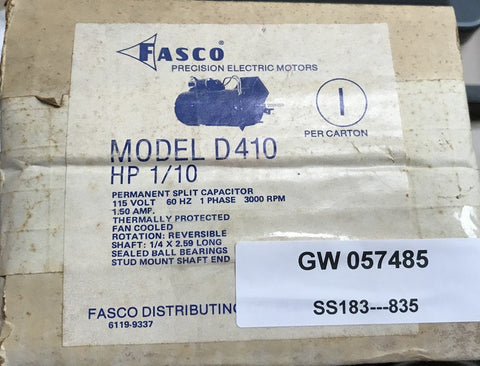 FASCO D410 SPLIT CAPACITOR 1/10HP 115V 60HZ 1PH 3000RPM