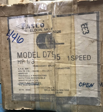 FASCO D795 OEM MOTOR 1/3 HP 825 RPM 115 V 1PH 48Y OPEN FRAME VENTILATED
