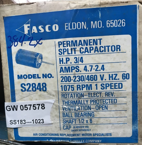 FASCO S2848 5.6"DIAM CONDENSER FAN MOTOR 3/4HP 200-230/460V 1PH 1075RPM
