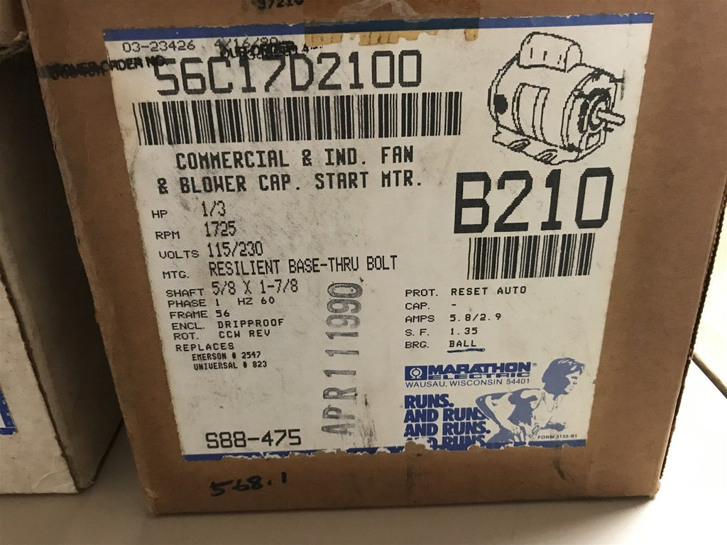 MARATHON B210 WQ-56C17D2100MP AC MOTOR 1/3 HP , HZ 60 ,1725 RPM ,115/208-230V