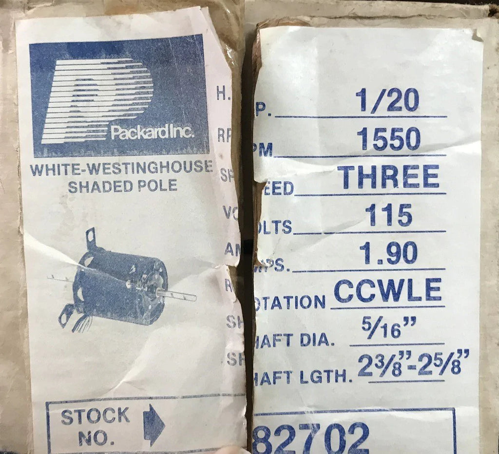 PACKARD 82702 SHADED POLE MOTOR 1/20HP 1550RPM 3SPD 115V 1.90AMP