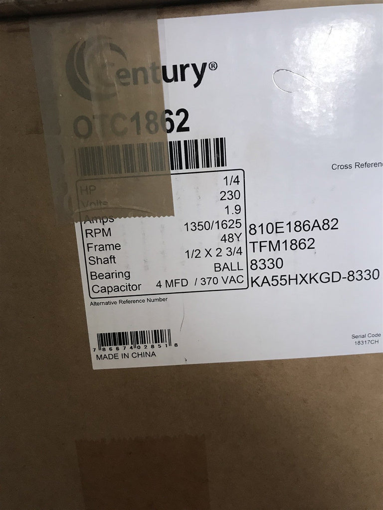 CENTURY MOTOR OTC1862 1/4HP 230V 1.9AMP 1350/1625RPM 48Y FRAME