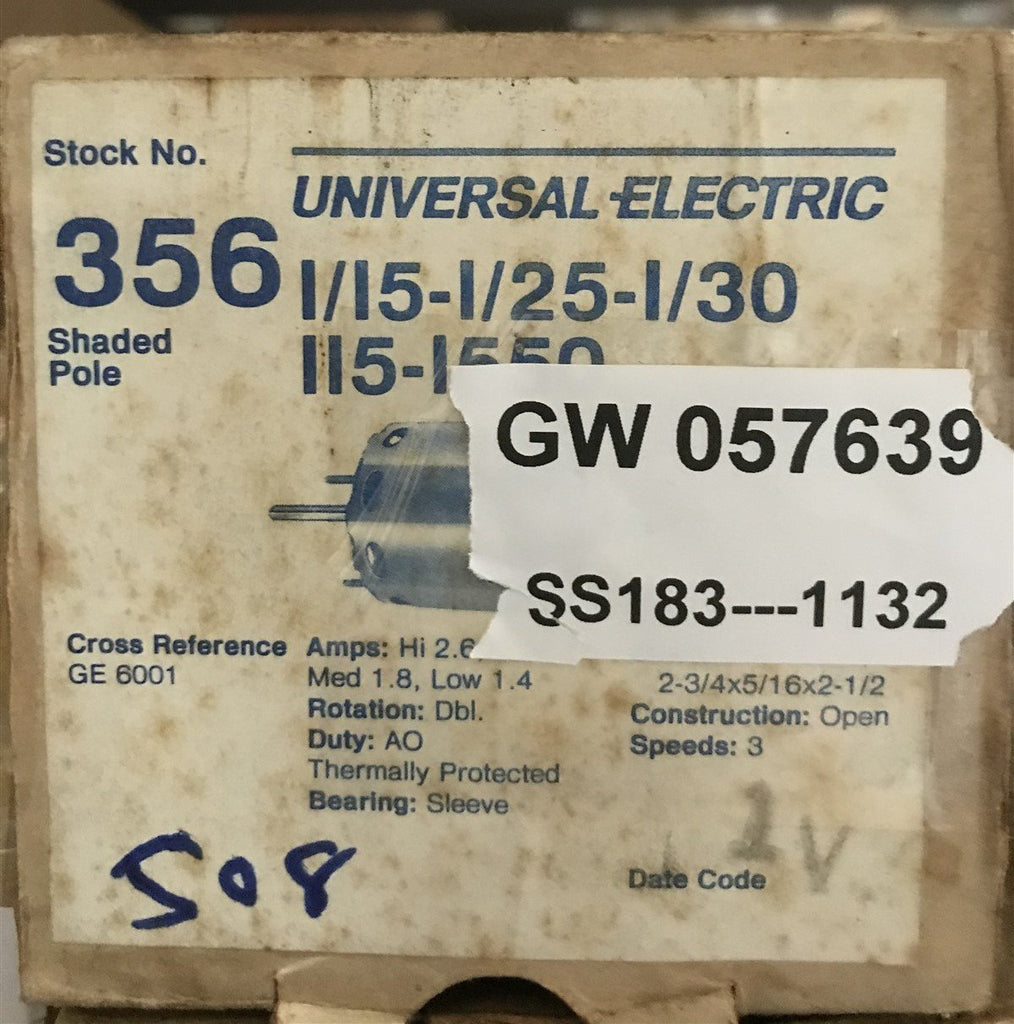UNIVERSAL ELECTRIC 356 MOTOR SHADED POLE 3SPD 2P I/15-I/25-1/30 115V 1550RPM