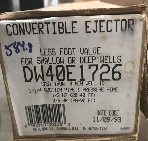 FLINT & WALLING DW40E1726 CONVERTIBLE EJECTOR 1/3HP 1-1/4 SUCTION PIPE