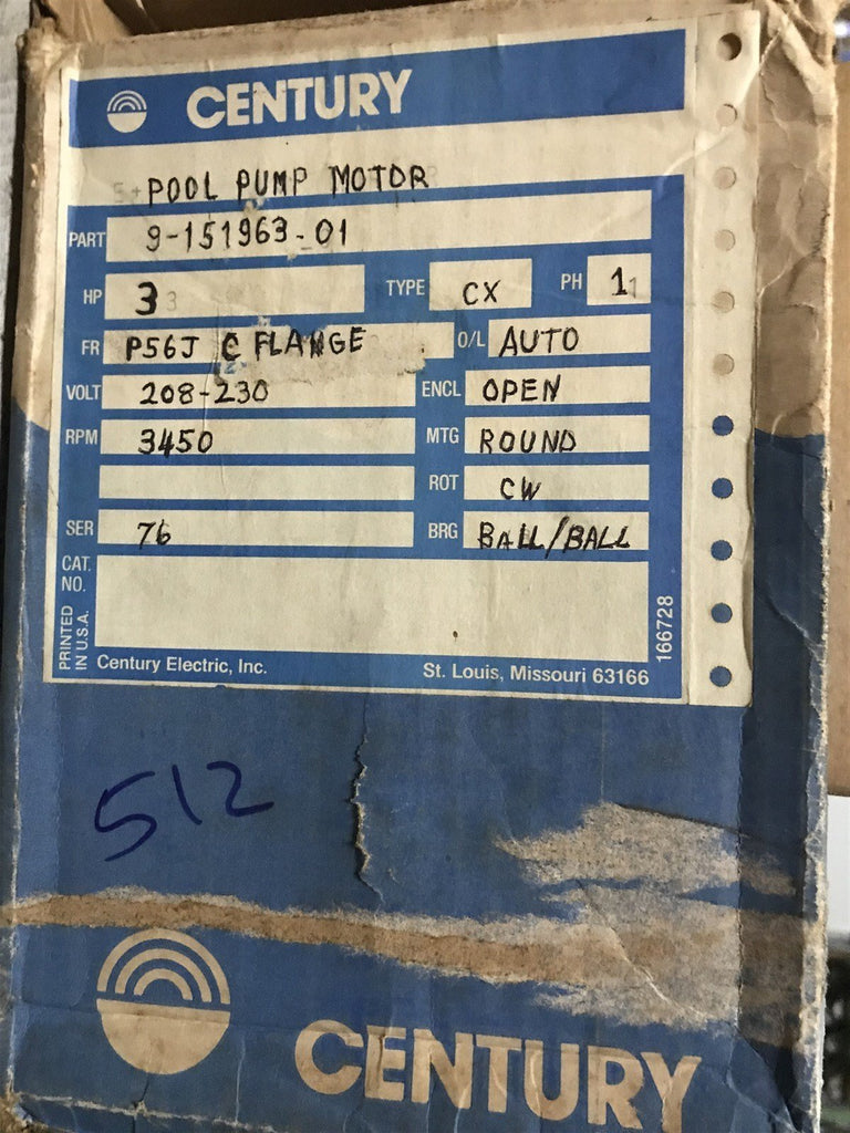 CENTURY GOULD 9-151963-01 POOL MOTOR 1PH 60HZ 208-230V 3450RPM