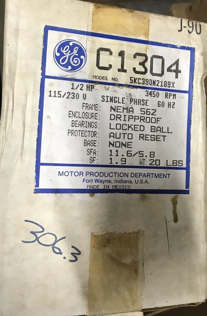 GENERAL ELECTRIC C1304 MOTOR 1/2HP 115/230V 60HZ 56Z NEMA 3450RPM SINGLE PHASE