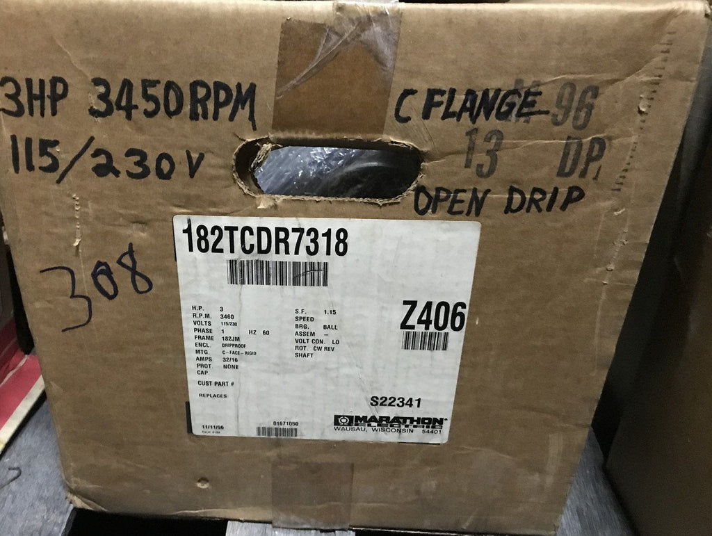 MARATHON ELECTRIC 182TCDR7318 Z406 MOTOR 3HP 3450RPM 115/230V C FLANGE OPEN DRIP