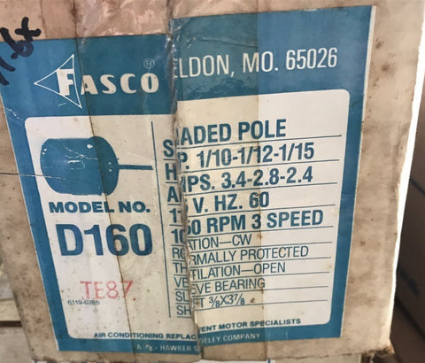 FASCO D160 SHADED POLE MTR 1/10-1/12-1/15 3.4-2.8-2.4AMP 115V 60HZ 3SPD 1060RPM