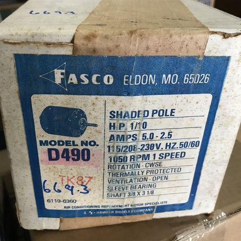FASCO D490 Shaded Pole HP 1/10 Amps 5.0/2.5 50/60HZ 1050 RPM 1 Speed