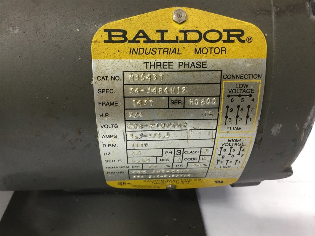 BALODR M3543T 3/4 HP AC MOTOR 208-230/460 VOLTS, 1140 RPM, 6P, 143T FRAME