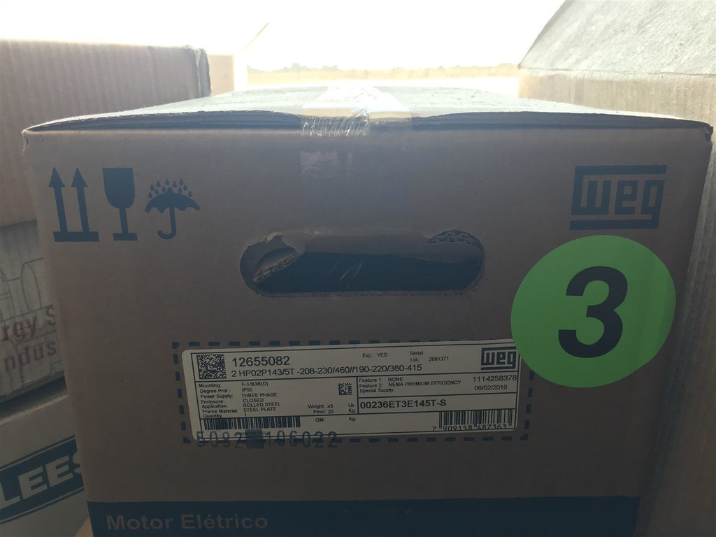 WEG 12655082 2 HP 2P 143/5T 3Ph 208-230/460//190-220/380-415 V 60 Hz