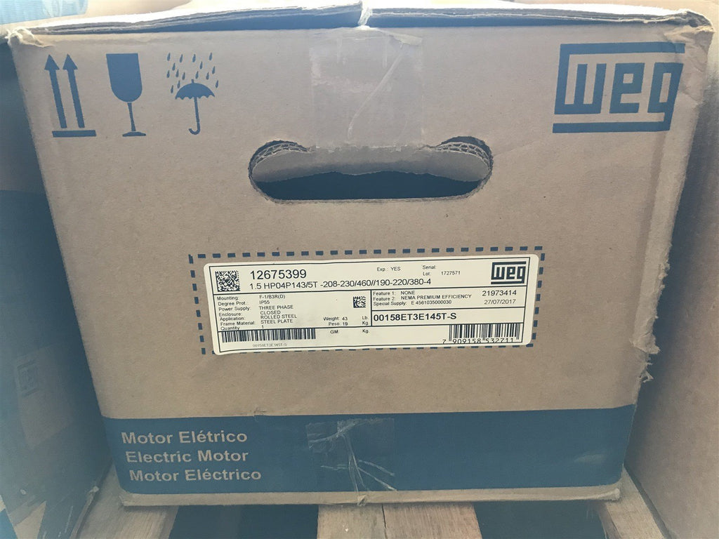 WEG 12675399 1.5 HP 4P 143/5T 3Ph 208-230/460//190-220/380-415 V 60 Hz