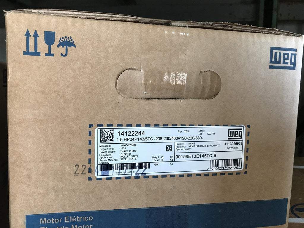 WEG 00158ET3E145TC-S 14122244 MTR 1.5HP 4P 3Ph 208-230/460/190-220/380-415V 60Hz