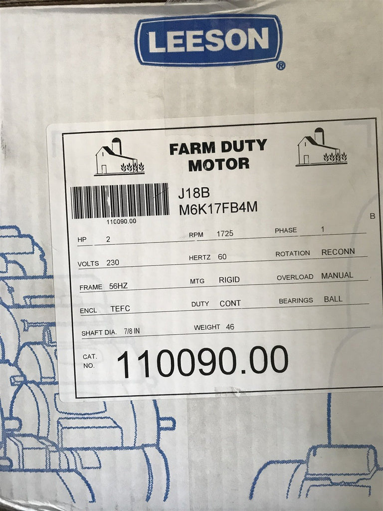 LEESON 110090.00 MOTOR 2HP 1725RPM 56H 1PH 60HZ FARM DUTY GEN PURPOSE