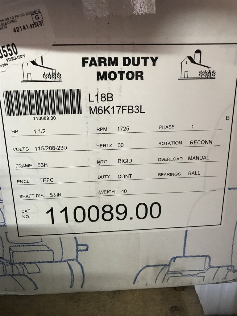 LEESON 110089.00 FARM DUTY MOTOR 1 1/2HP 1725RPM 115/208-230V