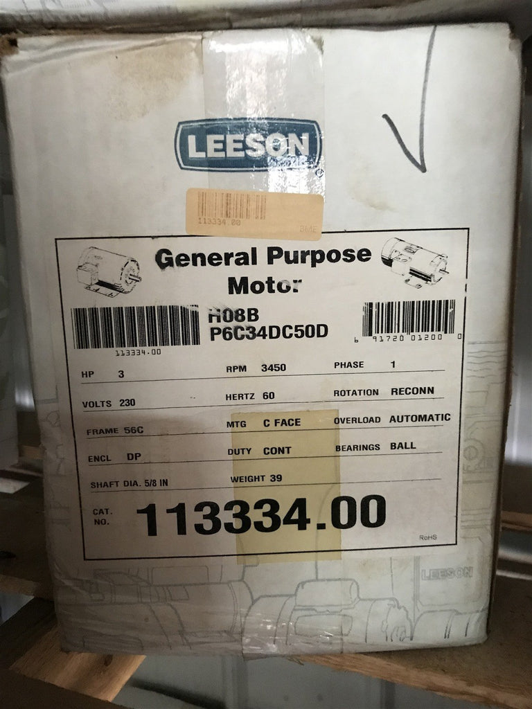 LEESON 113334.000 REPLACED E113334.00 MOTOR 3HP 3450RPM 1PH 230V